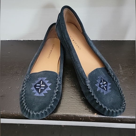 Lucky Brand Ailee Moccasin Shoe Womens Blue Leather Suede boho Slip On size 9M - Picture 1 of 5